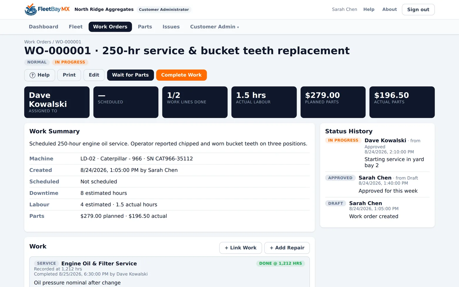 Work order for a 250-hour service and bucket teeth replacement, one of two work lines done, with planned versus actual parts cost and a status history